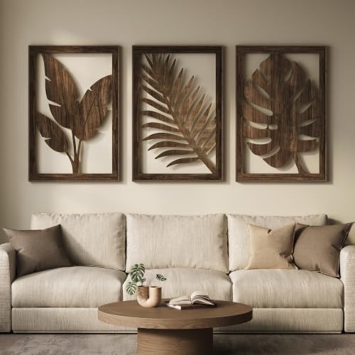 Large Framed Boho Cutout Carved Wood Wall Art for Living Room, 24x36 Inch - color: Walnut Color