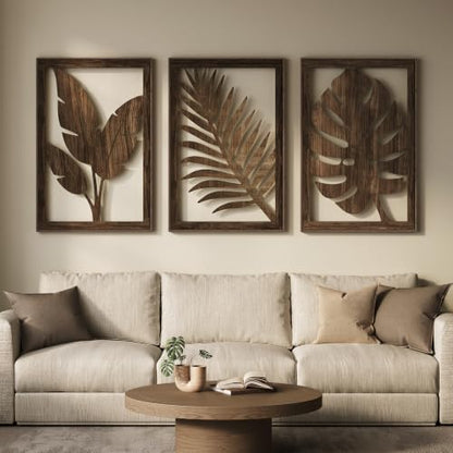 Large Framed Boho Cutout Carved Wood Wall Art for Living Room, 24x36 Inch - color: Walnut Color