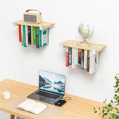 NANATI 2 Set of Floating Bookshelf with White Shelf Brackets, Pine Wood Invisible Bookshelf, Hanging Bookshelves for Wall, Unique Space Saving Wall Bookcase, White(16.5L×8.7W×1.5H) - size: 2 Set Pine Wood (White)