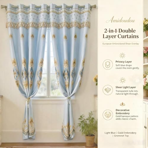 Amidoudou 1 Pair European Double Layer Curtains with Sheer Curtains for Living Room Bedroom Luxury Embroidered Blackout Curtains (Blue,52x84 Inch) - color: Blue, size: 52"W x 84"L (Pack of 2)
