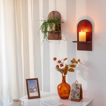 Mid Century Modern Walnut Wall Candle Holder Set of 2 - color: Walnut Color
