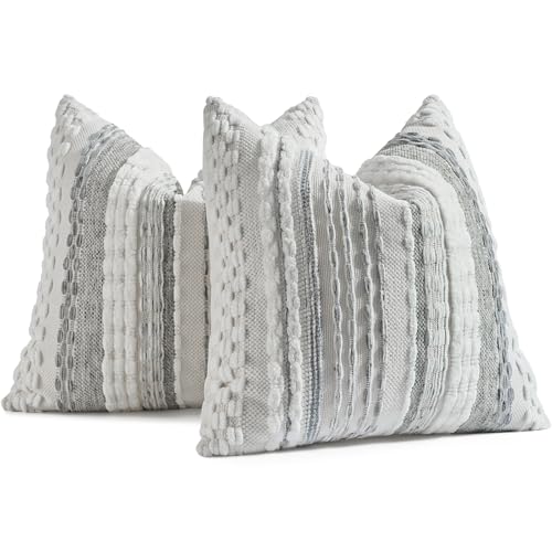 AmHoo Set of 2 Chenille Tufted Striped Textured Boho Throw Pillow Covers Aesthetic Woven Decorative Pillow Case for Couch Bed Sofa Bedroom Modern Funky 18 x 18-Inch White Grey - color: White Grey, size: 18" x 18" (Pack of 2)