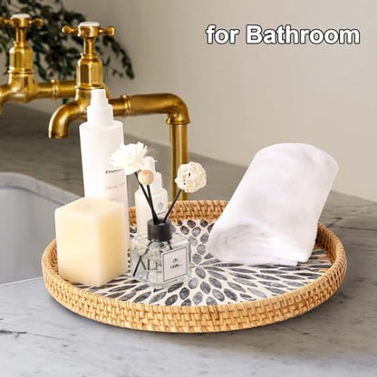 Round Rattan Tray with Mother of Pearl Inlay, Rattan Serving Tray for Coffee, Bread, Fruits, Decorative Wicker Tray for Table Decor, Home Decor, Kitchen Island Decor (Black Leaf, 11.8")