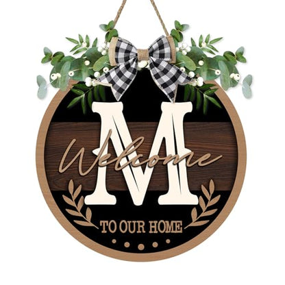 Monogram Letter M Front Door Sign, Welcome to Our Home Family Last - color: M