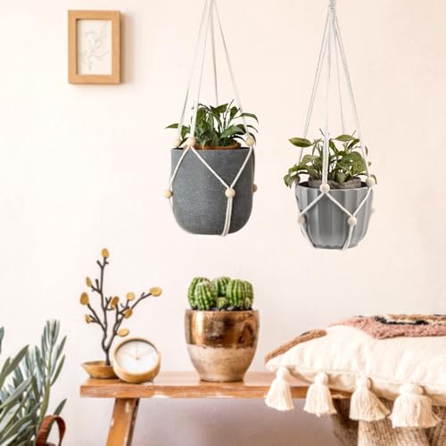 Artilady Hanging Planter for Indoor Plants Adjust Bead Macrame Plant Hanger - color: White B