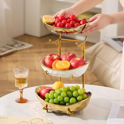 XUDREZ 3 Tier Fruit Bowl with Metal Stand for Kitchen Counter, Ceramic White Gold Silver, Tiered Fruit Basket for Nuts, Snacks, Bread, Candy Storage (Gold) - color: Gold