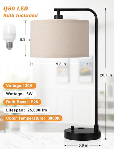 20.7" Tall Table Lamp with USB & Outlet, Fully Dimmable Nightstand Lamp - color: A-Beige Shade & Black Base
