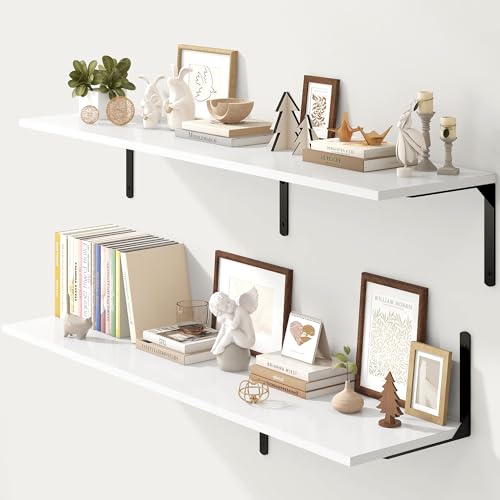 Fun Memories Floating Shelves for Wall, 12 Inch Deep Floating Shelves Set of 2, Wall Mounted Shelf with Metal Brackets, Rustic Wood Wide Shelf for Bathroom, Kitchen and Living Room, White, 55W x 12D - color: White | L Bracket, size: 55"L x 12"D