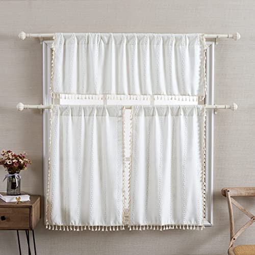 RoomTalks White Boho Kitchen Valances for Windows Rod Pocket 18’’L x 52’’W Embroidered French Striped Modern Farmhouse Chic Textured Tassel Curtain Valances for Bathroom Living Room Bohemian Decor - color: White, size: 52"W x 18"L (Pack of 1)