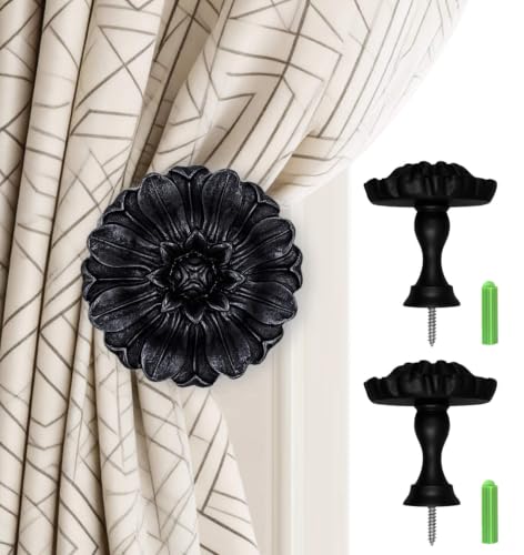 Remunkia Curtain Holdbacks, Gold Curtain Holdbacks Vintage, Curtain Tiebacks Wall Mounted, Classic and Useful Curtain Hooks for Wall, Window Treatment Holdbacks (2, Daisy, Black) - color: Daisy, Black
