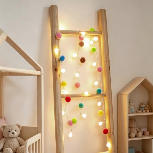 9.84FT Pom Poms Fairy Lights - 30 LED Battery & USB Operated String Lights with Warm White Globe Balls - Cute Indoor Decor for Bedroom Kids Room Playhouse Back to School Birthday Baby Shower - Rainbow - color: Rainbow, size: 9.54 FT