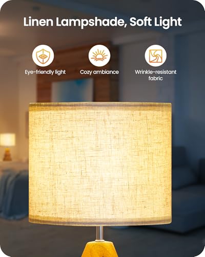 Wood Table Lamp, Wood Bedside Lamp with Tree-Shaped Base & Linen Lampshade, Modern Cute Desk Lamp for Living Room, Bedroom, E26 Base, Bulb Not Included, Beige and Dark Natural LE08TL05 - color: Beige+Pearwood Tree Shaped