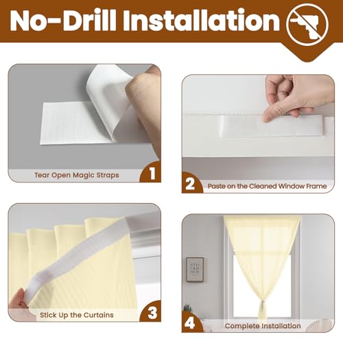 Beige Gauze Curtains Sheer Self-Adhesive, Translucent Privacy Panel, Fold-Up Portable Curtain No Drill (44" W x 63" L,Beige,2 Panels) - color: Beige, size: 44"W x 63"L (Pack of 2)