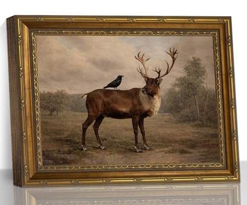 Vintage Deer Crow Wildlife Animal Gold Frame Wall Art Print Framed Artwork - color: Stag Deer and Black Bird, size: 16"L x 12"W