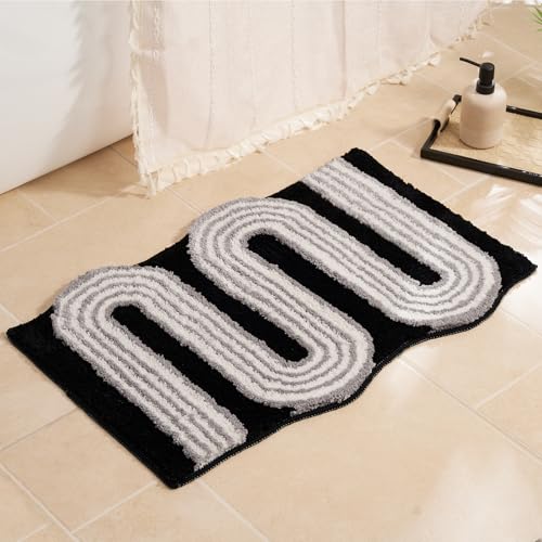 Wavy Boho Bathroom Rugs, Cute Retro Scalloped Bath Mat with Funky Geometric Design, Black Room Decor Cool, Machine Washable Soft Non-Slip Bath Rug, Black and White Bathroom Rugs, 30" x 20" - color: Black, size: 1'8" x 2'6" (Rectangular)