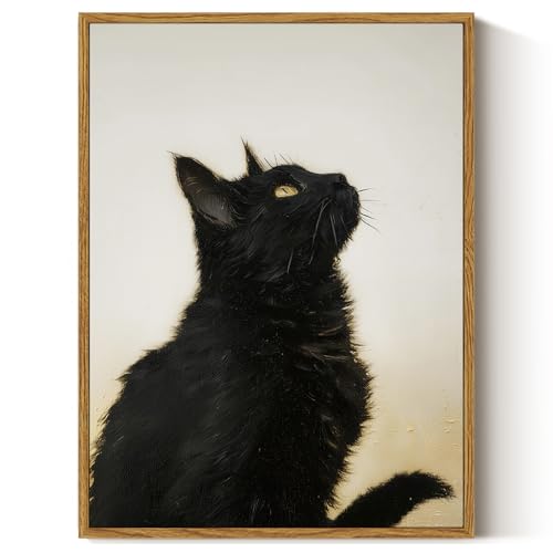 ARPEOTCY Vintage Framed Canvas Wall Art, 12x16inch, Farmhouse Black Cat Wall Decor, Animal Art Prints Home Decorations, Cottagecore Paintings for Living Room Bedroom Office Decor - color: Head up Cat, size: 16"L x 12"W