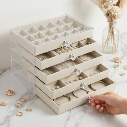 Acrylic Jewelry Box With 5 Drawers, Acrylic Jewelry Box Organizer With Velvet Trays, Clear Jewelry Box Organizer With Drawers For Jewelry Earrings Rings Necklaces (Beige)