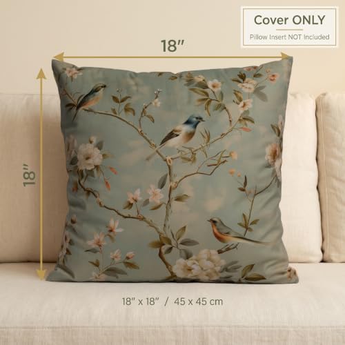 Vintage Chinoiserie Velvet Pillow Cover 18x18, Bird Floral, 1 Pack