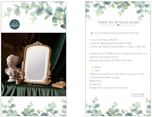 HSDDHOME Large 16x20 Vintage LED Vanity Mirror, Gold Arch Makeup Mirror
