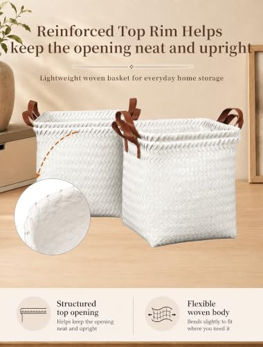 Wicker Storage Baskets, 4 Pack Woven Baskets for Shelves, White - color: Square White
