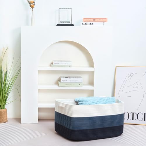 MINTWOOD Design 22in Extra Large Blanket Basket Holder Living Room, Rectangle Rope Woven Storage Basket with Handles for Laundry, Pool Towels, and Shoes, Dog Toy Organizer Bin Box, 3-Tone Blue - color: 3-Tone Blue