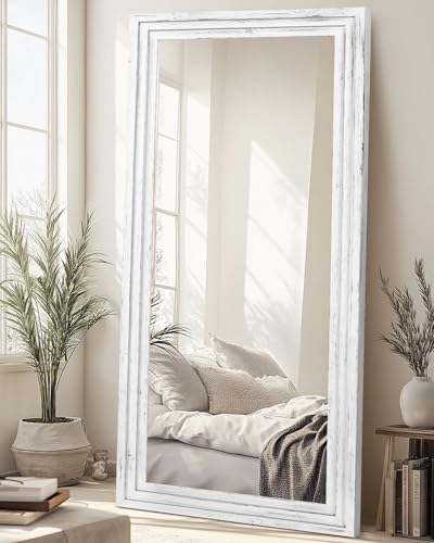 76x34in Full Length Mirror, 3-Tier Stepped Solid Wood Frame, White - color: White, size: 76"L x 34"W