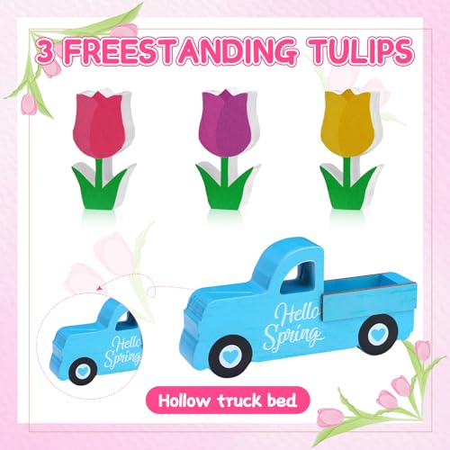 Pcs Spring Wooden Table Sign Hello Spring Table Centerpiece Hello Spring Truck Books Flowers Farmhouse Faux Book Stack Pastel Tulip Tiered Tray Block Decor for Home Holiday Decoration - style: Hello Spring Tulip