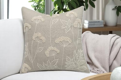 Rudransha Hand Embroidered Wildflower Throw Pillow Cover - 18x18 Inch Natural Linen - Blooming - color: Blooming-natural, size: 18" x 18" (Pack of 1)
