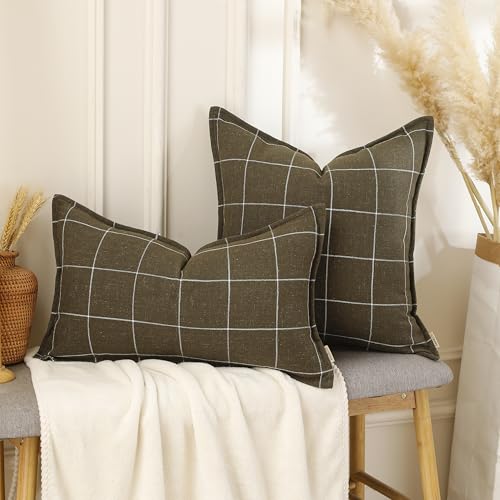 Pure Linen Plaid Throw Pillow Covers 18x18, Set of 2, Khaki - color: Khaki, size: 18x18inch