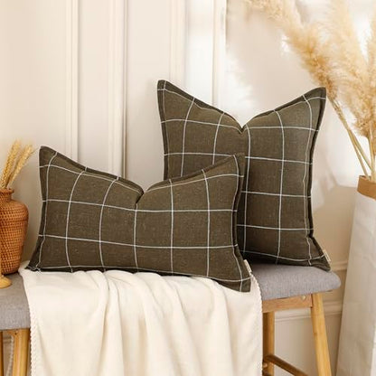 Pure Linen Plaid Throw Pillow Covers 24x24, Set of 2, Khaki - color: Khaki, size: 24x24inch