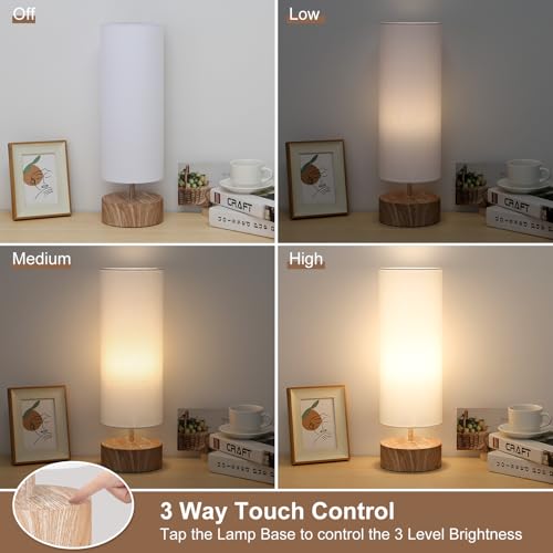 Touch Table Lamp with Wood Grain Metal Base, 3 Way Dimmable Bedside Lamp - color: White Shade with Wood Grain Base