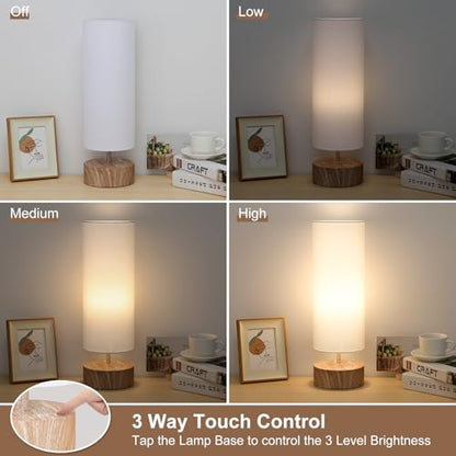 Touch Table Lamp with Wood Grain Metal Base, 3 Way Dimmable Bedside Lamp - color: White Shade with Wood Grain Base