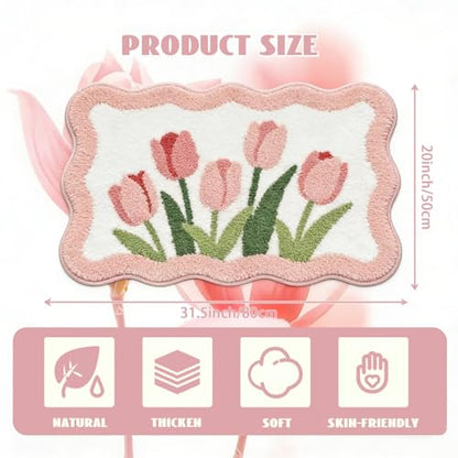 Pink Tulip Bath Mat 32x20, Soft Fluffy Fresh Flowers Bathroom Rug - color: Wave Pink