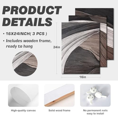 LYYGLYY 3Pcs Framed Abstract Dark Brown Canvas Wall Art 16x24 Inches - color: Flow Curve, size: 16x24 Inches