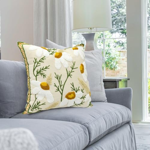 Alysheer Floral Embroidered Throw Pillow Cover 18"x18" Set of 2 White Daisy - color: Daisy White, size: 18" x 18" (Pack of 2)