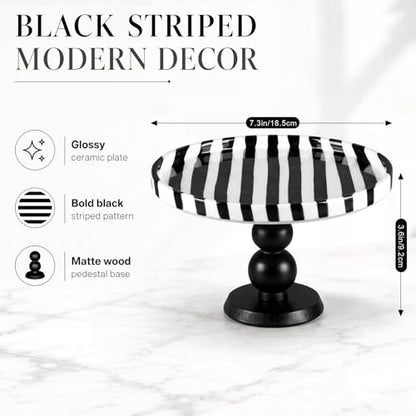 Pedestal Ceramic Fruit Bowl 7.3" Black Striped Decorative Bowl Modern Serving Tray for Kitchen Counter, Bread Fruit Salad Dessert Display Trays, Chic Key Holder for Entry Table Home Decor