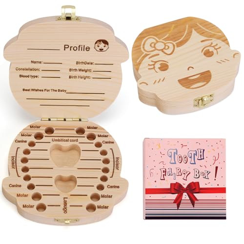 NASHRIO Baby Tooth Box Wooden Kids Keepsake Organizer Gift for Baby Teeth, Cute Children Tooth Container with Tweezers to Keep the Childwood Memory (Gril) - color: Girl