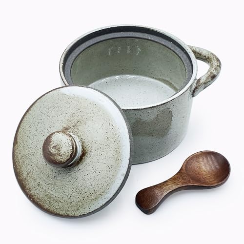 12 oz Ceramic Salt Cellar with Lid & Wooden Spoon,Countertop Salt Container,Sugar Bowl,Spices Jar| Artisan Kitchen Decor(Coarse Pottery) - color: Coarse Pottery B