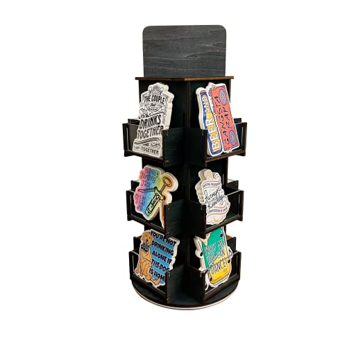 Rotating Display Stand, 3 Tier Wooden Organizer, 4-Sided Display Rack, 360 degree Spinning Multi-Pocket Tabletop Display Stand for Coasters, Stickers, Retail, Showcase, Tradeshow, 17”H, Ebony Color - style: EBONY