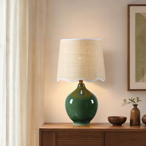21"H Olive Green Ceramic Table Lamp with Beige Faux Rattan Drum Shade - color: Olive Green