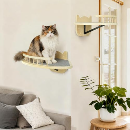 Cat Wall Shelves Furniture Set with Scratching Pad，Wooden Cat Climbing Wall Systems with 2 Perches and 3 Steps, Floating Shelves Bed Wall Mounted for Indoor Fit Up to 15Lbs (Burlywood) - color: Burlywood