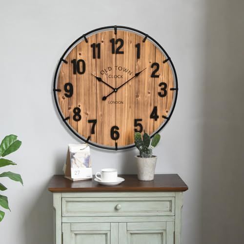 EMAX HOME Large Old Town Farmhouse Wall Clock 20 Inches - Rustic Antique Wood with Metal Circle and Large Numerals Silent Battery Operated Wall Clock for Office Kitchen Bedroom Living Room - color: Brown, size: 20 Inch