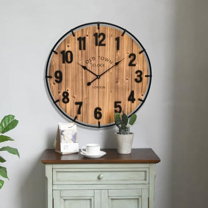 EMAX HOME Large Old Town Farmhouse Wall Clock 20 Inches - Rustic Antique Wood with Metal Circle and Large Numerals Silent Battery Operated Wall Clock for Office Kitchen Bedroom Living Room - color: Brown, size: 20 Inch