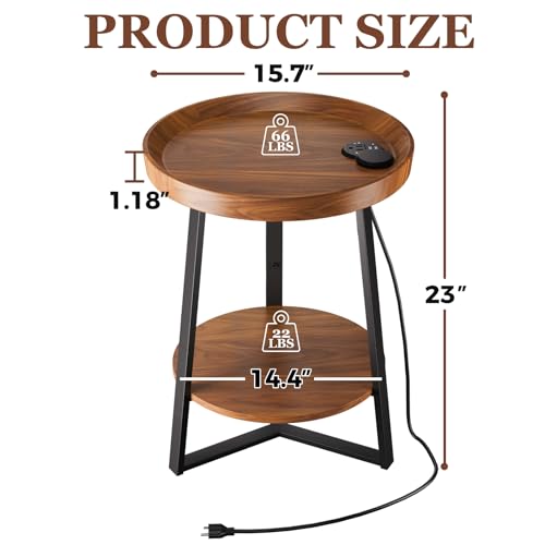 Gadroad Round End Table with Charging Station, Brown - color: Brown, size: 15.75"D x 15.75"W x 23"H (with Charging Station)