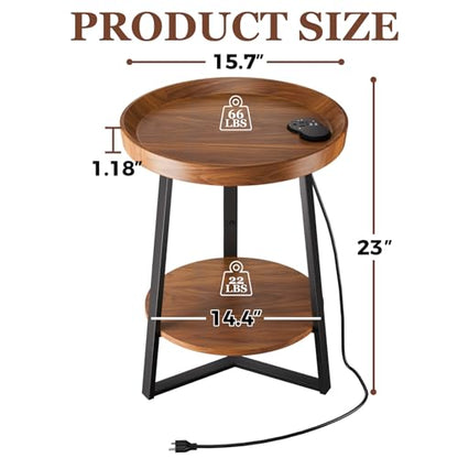 Gadroad Round End Table with Charging Station, Brown - color: Brown, size: 15.75"D x 15.75"W x 23"H (with Charging Station)