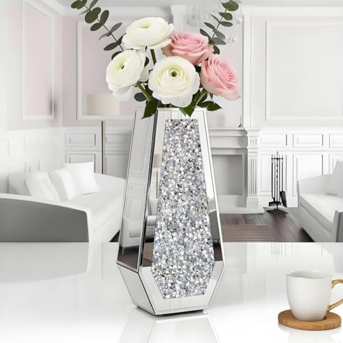 ALLARTONLY Flower Vase Crushed Diamond Mirrored Vase Crystal Silver Glass Decorative Mirror Vase Large Size Luxury for Home Decor. Diamond Shape Thickened. Can’t Hold Water. - color: Crystal Silver