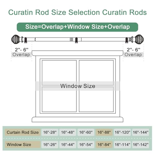 Byondeth Curtain Rods for Windows 16 to 88 Inches Adjustable Length 1 Inch Diameter Window Curtain Rod with Wood Grain Leaf Pattern Finials,for Heavy Duty Curtains Rods - size: 16" to 88"