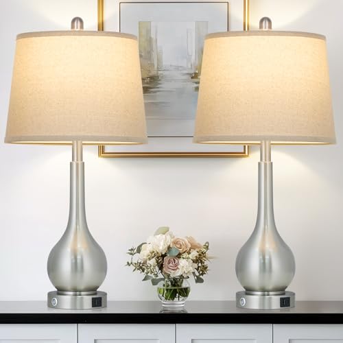 Rinweey 26" Silver Table Lamps Set of 2 for Living Room, Touch Control Bedside Lamp with USB Charging Ports, 3-Way Dimmable Brushed Nickel Bedroom Lamps for Nightstand (2 LED Bulbs Included) - color: Silver (2 Pack)