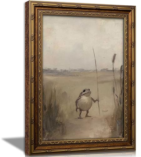 Vintage Gold Framed Frog Wall art, Funny Cottagecore Animal Oil Painting Canvas Print, Whimsical Animal Picture Wall Decor, Rustic Farmhouse Moody Poster Artwork for Living Room Bedroom Bathroom - color: Frog, size: 24"L x 16"W