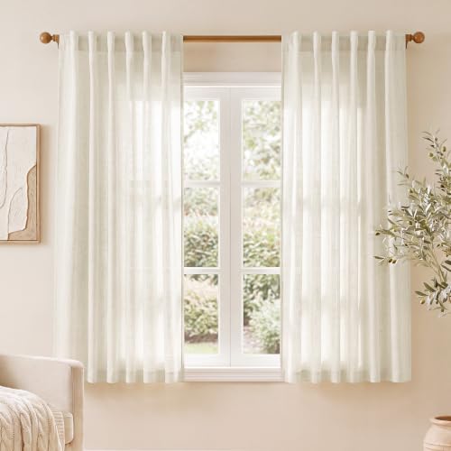 NICETOWN Sheer Linen Curtains 45 Inch Length for Small Window 2 Panels, Ivory Rod Pocket & Back Tab Semi Sheer Drapes Privacy Semitransparent Farmhouse Window Treatment, W52 x L45 - color: Linen Ivory, size: 52"W x 45"L (Pack of 2)